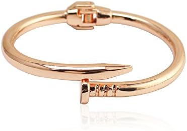 Jiongran Stainless Steel Nail Style Cuff Bangle Bracelet Oval High Polish Rose Gold for Women Teen Girls , Fits 7.5inch Wrists (Rose Goldtone7.5")