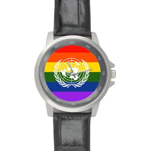 Rainbow Flag &amp; United Unions Flag, for Lesbians &amp; Gays, LGBT Pride, Gay Pride Custom Unisex Stainless Steel Leather Strap Watch Metal Case, Tempered Glass, Black Leather Band