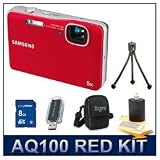 Samsung AQ100 12 MP Digital Camera(Red), Waterproof to 10', 5x, 35-175mm Equivalent Zoom, Records 720p Video Underwater or On Land, Aqua Mode Setting f/Underwater Shots, Deluxe Carrying Case, 3pc. Lens Cleaning Kit, 8 GB Memory Card, Card Reader, Tripod