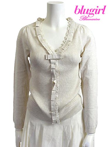 BLUGIRL カーディガン イタリアサイズ-44/13号 Vネック ベージュ リボン パフスリーブ コットンニット