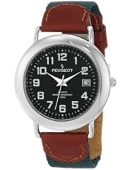 Peugeot Unisex 484BL Unisex Black Dial Leather and Canvas Strap Watch