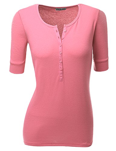 Doublju Women Short Sleeve Henley Neck T-Shirts