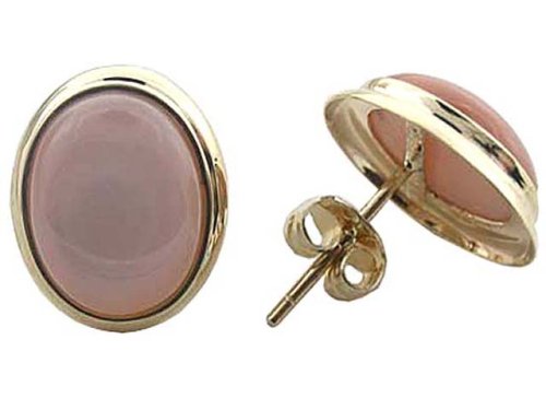 Pink Mother Of Pearl Oval Button Earrings, 14k Gold