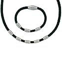 Men's Necklace Bracelet Set Leather Black Woven with Stainless Steel Magnetic Brushed Satin Links by Bucasi SALE