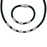 Men's Necklace Bracelet Set Leather Black Woven with Stainless Steel Magnetic Polished Links by Bucasi SALE