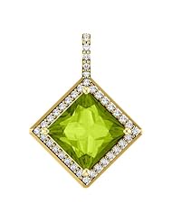 18K Yellow Gold 8.00x8.00mm Princess Cut Peridot and Diamond Pendant