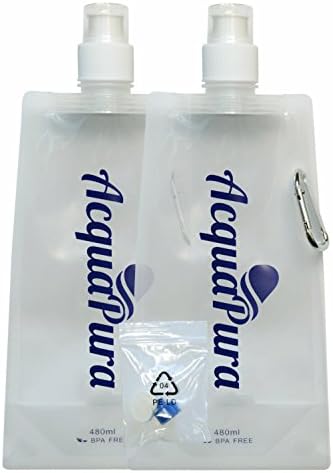 Acquapura Collapsible Water Bottles with Carabiners- Resusable Foldable Ultra-light and BPA Free Squeeze Water Through Your Acquapura Personal Water Filter or Use As Water Bottles