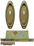 Bit Key Pocket Door Mortise Lock Set With Oval Pulls Antique Brass.