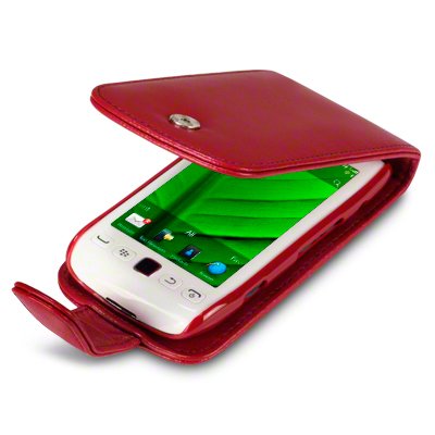 BLACKBERRY TORCH 9850 PREMIUM PU LEATHER FLIP CASE - RED - WITH QUBITS-BRANDED MICROFIBER CLEANING CLOTH
