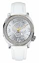 Marc Ecko E13524G2 Unisex Analogue olished silver tone case on white leather strap Sunray silver dial with rose gold tone highlighted bezel, iced