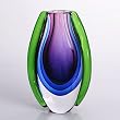 Hand Blown Purple, Blue, & Green Sommerso Oval Art Glass Vase 8" Tall