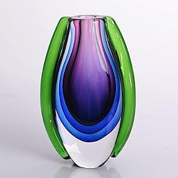 Hand Blown Purple, Blue, & Green Sommerso Oval Art Glass Vase 8" Tall