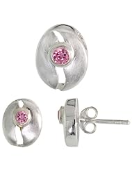 Sterling Silver Matte-finish Cracked Egg Style Earrings (10mm tall) & Pendant Slide (11mm tall) Set, w/ Brilliant Cut Pink Tourmaline-colored CZ Stones