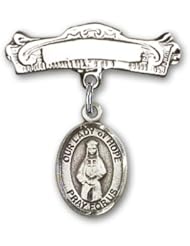 Sterling Silver Baby Badge with Our Lady of Hope Charm and Arched Polished Badge Pin