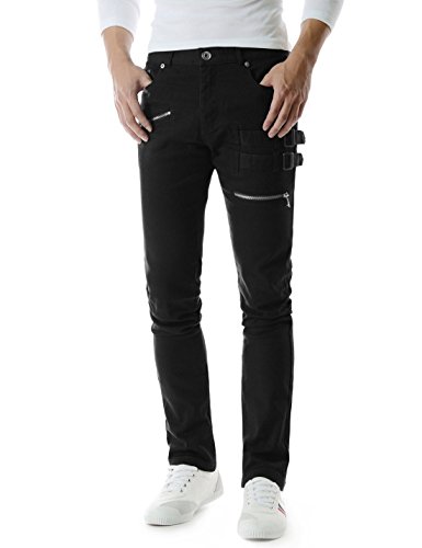 Mens Slim Stretchy Flat Front Zipper Deco Side Buckle Patch Cotton Pants