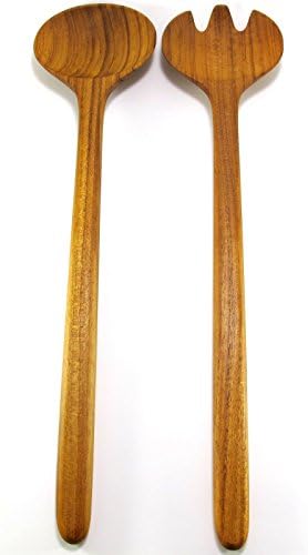 Teak Wood Sterling Salad Serving Spoon & Fork Mix Flatware Utensil Handmade