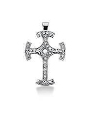 14K White Gold Round Diamond Prong Set Milgrain Cross Pendant (0.80ct)