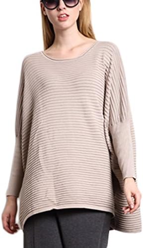 Voguestand Women's Loose Ribbing Cuffs Crew Neck Stylish Long Top Khaki One Size