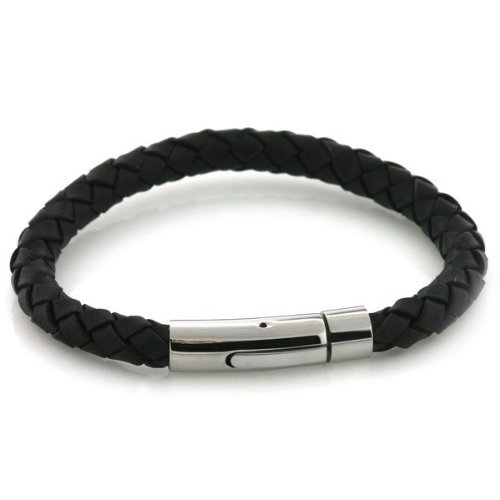 Stainless Steel Black Leather Contemporary Magnetic Bangle Bracelet