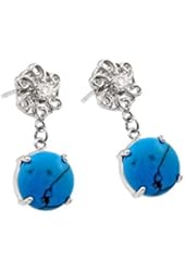 Sterling Silver Rhodium Plated Dangling Round Simulated Turqoise And Cz Flower Post Earrings