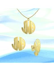 Monogram Set 1/2 inch 14K Yellow Gold Personalized Cutout Handcrafted Initial Necklace and Earring Set - Made in USA