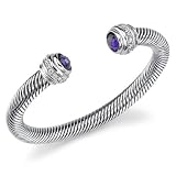 Radiant Glamour: Designer Inspired Sterling Silver Cable Style Bangle Bracelet with Amethyst CZ and White CZ Diamond