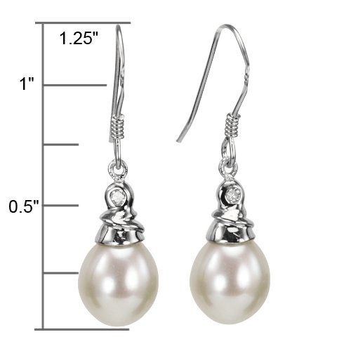 Platinum Overlay CAREFREE Sterling Silver Crystal Top 8-9mm AAAA Drop Pearl Earrings, White