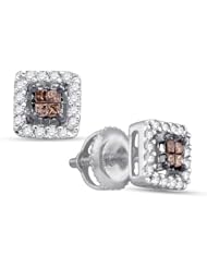 14K White Gold Princess Cut Chocolate Brown and White Diamond - Square Princess Shape Halo Invisible & Channel Set Studs Earrings with Secure Screw Back Closure - (.30 cttw.)