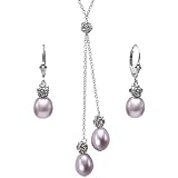 Natural Lavender Isabella Cultured Pearl Drop Rose Lariat and Drop Earrings Set in Platinum Overlay CAREFREE Sterling Silver