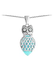 Original Star K (tm) Good Luck Owl Pendant with Pear Shape Simulated Turquoise in 925 Sterling Silver