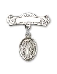 Sterling Silver Baby Badge with Our Lady of Peace Charm and Arched Polished Badge Pin