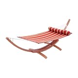 RST Outdoor Cantina Wood Arc Hammock with Striped Polyspun Hammock Set with Bolster Pillow Patio Furniture