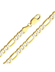14K Yellow and White 2 Two Tone Gold 4.5mm Figaro White Pave Chain Necklace with Lobster Claw Clasp - 24" Inches