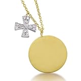 Diamond German Cross and Engrave able Gold Disc Necklace