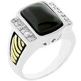 Two tone 14k Gold and White Gold Rhodium Bonded Cable Style Men's Ring featuring Flushed Onyx Center Stone with Pave CZ trim in Goldtone and Silvertone