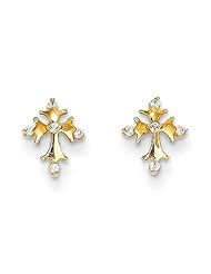 MadiK® Childrens 14k Yellow Gold Polished Cross with CZ Post Stud Earrings