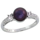 10k White Gold Pearl and Diamond Ring, w  0.07 Carat Brilliant Cut Diamonds and 7mm Black Pearl, 1...