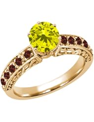 1.22 Ct Round Canary Diamond Red Garnet 14K Yellow Gold Ring
