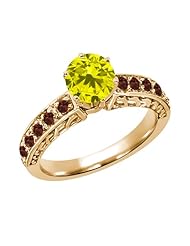 1.22 Ct Round Canary Diamond Red Garnet 18K Yellow Gold Ring