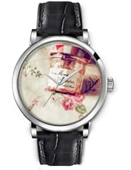 SPRAWL Aanalog Fashion Series Silver Ladies Watches of Genuine Black Leather Strap,Unique Wrist Watch for Women Girls Designed with Flask in a tablecloth with floral pattern