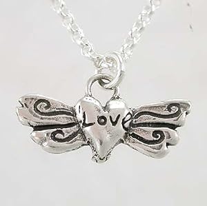 LOVE on a Winged Heart in Sterling Silver on a 15" Rolo Choker Chain, #8879