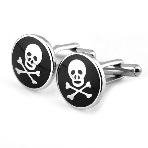 Pensee Luxury Stainless Steel & Black Skull Pattern Enamel Cufflinks for Men with Gift Box