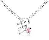 Image of Jo for Girls Silver Polished Heart and Pink Cubic Zirconia Heart T-Bar Curb Necklet