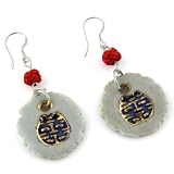 Rondes - Bleu Traditionnel - Antique Seal - Peints à La Main - De Timbre En Céramique - Cerises Ruban Rouge - Pom Pom - En Argent Sterling 925 - Boucles D'oreilles