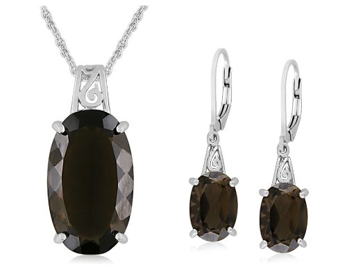 Sterling Silver Smoky-Quartz Filigree Lever Back Earrings w/ Pendant Set, 18″
