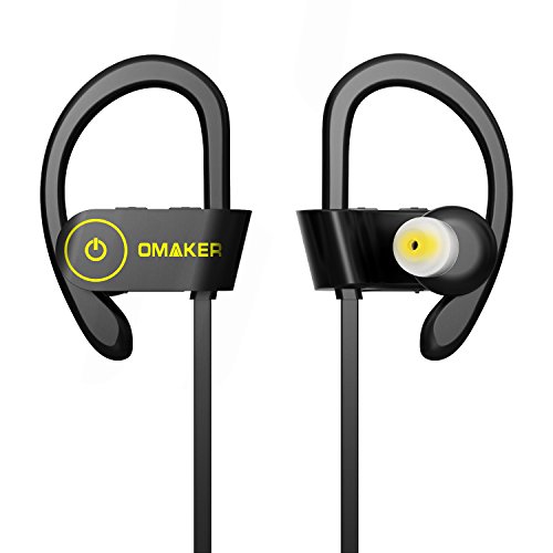 【技適認証済】Omaker Bluetooth スポーツイヤホン フィット感抜群なワイヤレスイヤホン【IPX6防水/柔軟な耳かけフック/マイク付き/ノイズキャンセリング】（ブッラク＋イエロ）