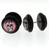 Black Acrylic Faux Plug - Sugar Skull Logo - 16g Stud Wire - 00g Fake Plug - Sold as a Pair