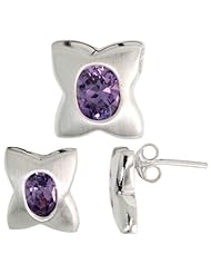 Sterling Silver Matte-finish Four-finger Clover Flower Earrings (12mm tall) & Pendant Slide (13mm tall) Set, w/ Oval Cut Amethyst-colored CZ Stones