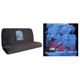 Car Truck SUV Dolphin Print Rear Bench or Small Truck Seat Covers Black 2 piece Universal Print Vehicle Seatcovers