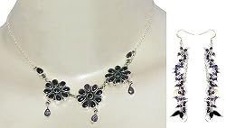 Jewelry Set Silver Amethyst Gemstone Necklace Earrings